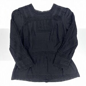 Point Sub Lace Trim Peplum Blouse‎ Long Sleeve Black Top Size 4